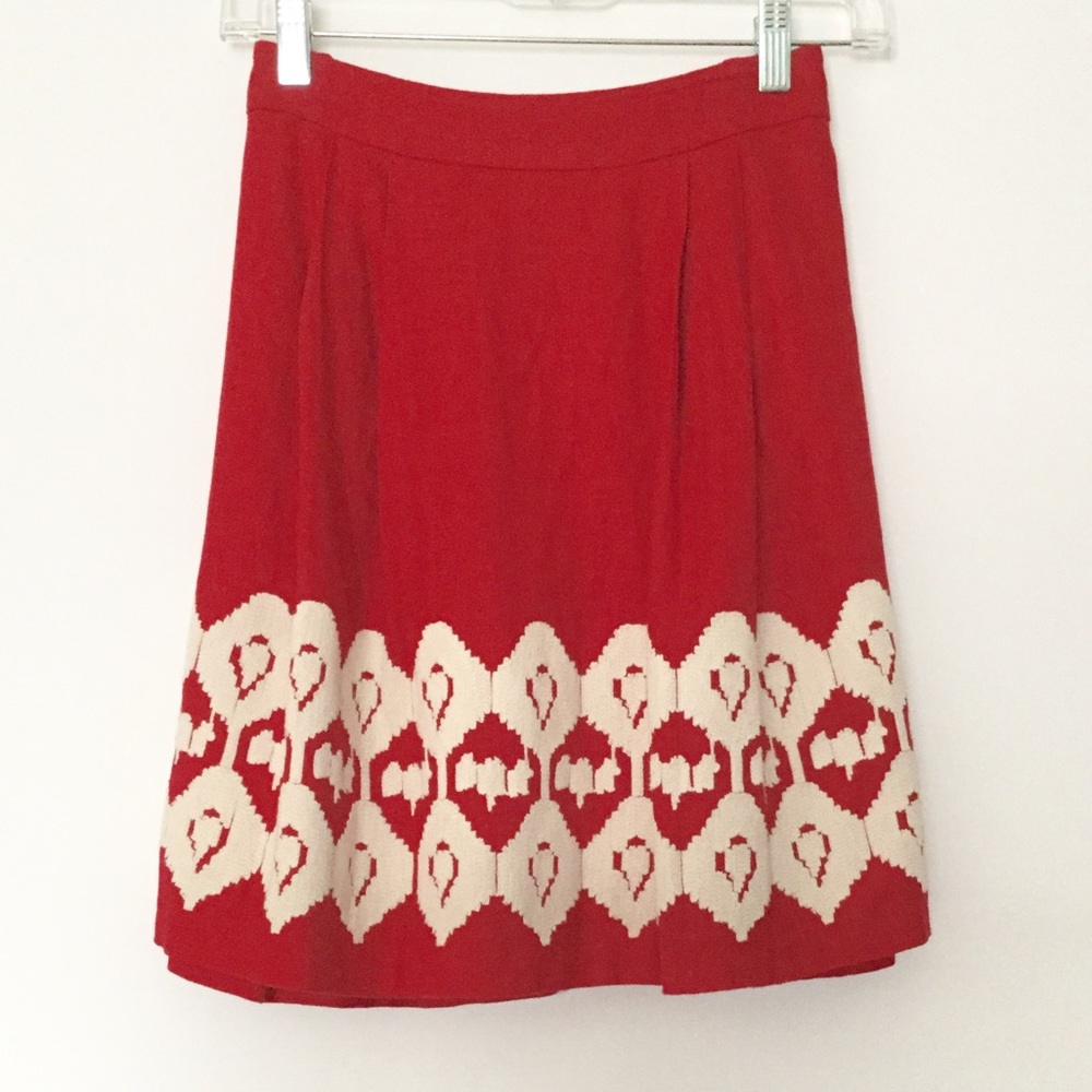 Anthropologie Red Embroidered Skirt